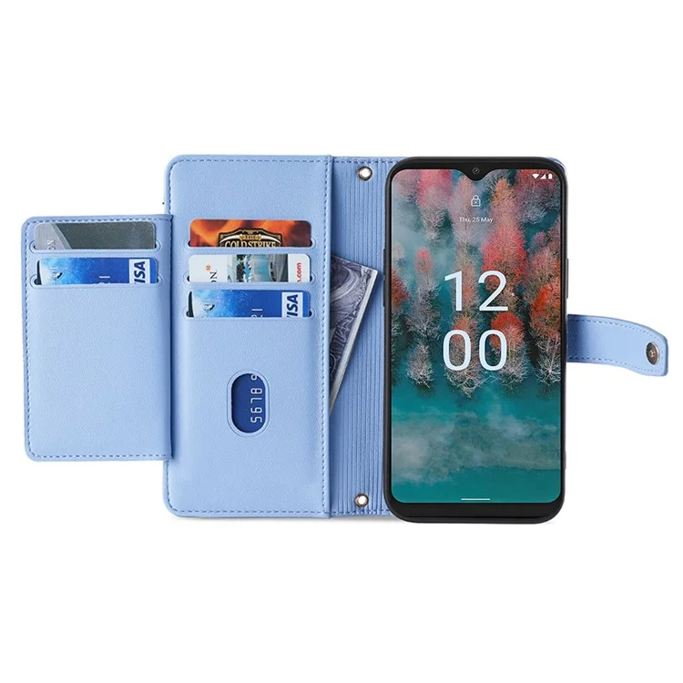 Drop-Proof Cover for Nokia C22 Stand Wallet Leather Phone Case with Zipper Pocket and 2 Straps - Blue