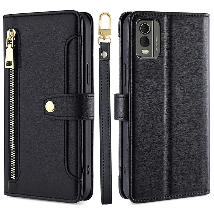 Fall Proof Flip Cover für Nokia C32 Zipper Pocket Stand Wallet Lederhandyhülle mit 2 Riemen - Schwarz