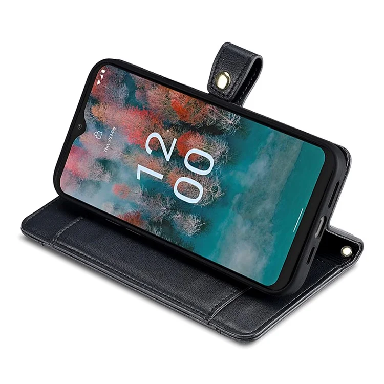 Fall Proof Flip Cover für Nokia C32 Zipper Pocket Stand Wallet Lederhandyhülle mit 2 Riemen - Schwarz