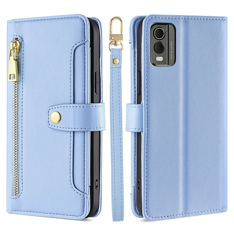 Fall Proof Flip Cover for Nokia C32 Zipper Pocket Stand Wallet Leather Phone Case with 2 Straps - Blue