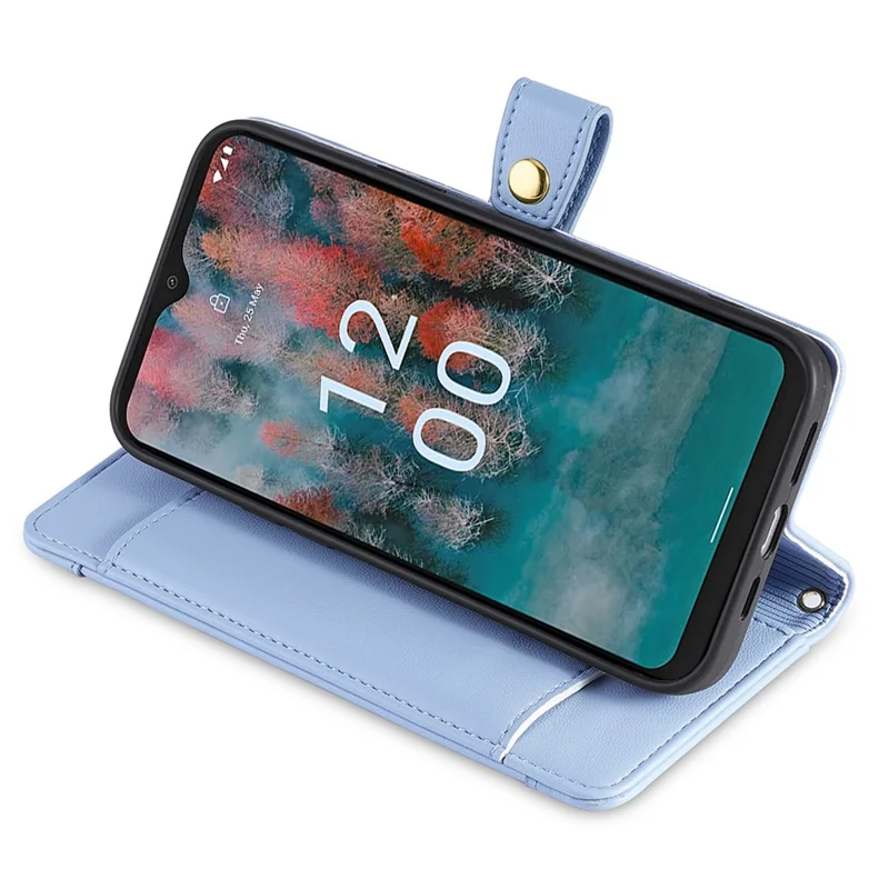 Fall Proof Flip Cover for Nokia C32 Zipper Pocket Stand Wallet Leather Phone Case with 2 Straps - Blue