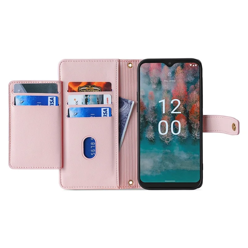 Fall Proof Flip Cover for Nokia C32 Zipper Pocket Stand Wallet Leather Phone Case with 2 Straps - Pink