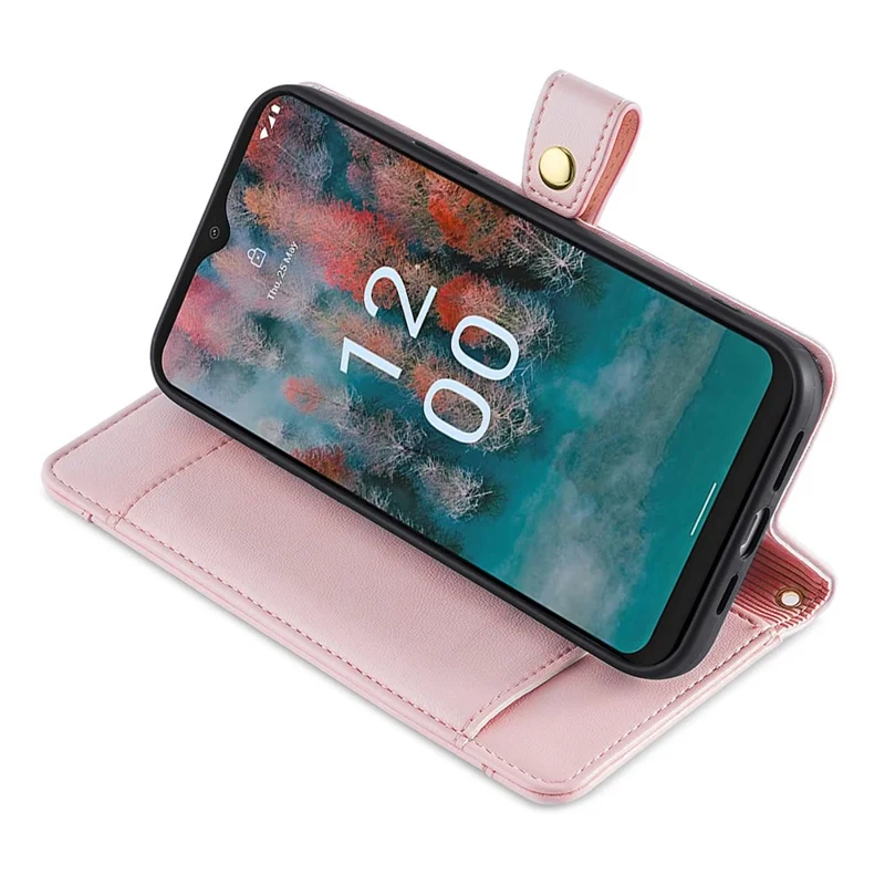 Fall Proof Flip Cover for Nokia C32 Zipper Pocket Stand Wallet Leather Phone Case with 2 Straps - Pink