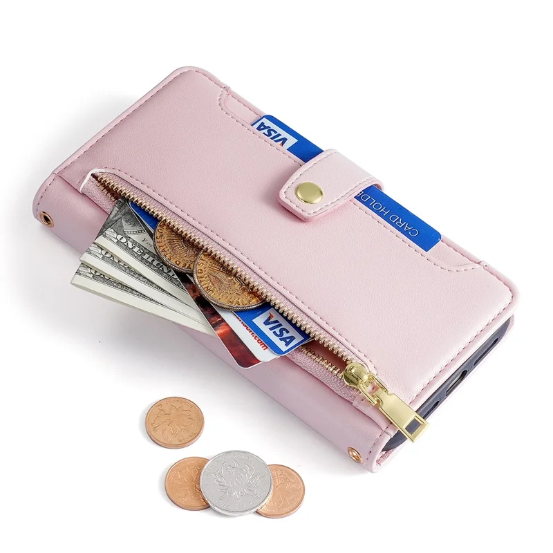 Fall Proof Flip Cover for Nokia C32 Zipper Pocket Stand Wallet Leather Phone Case with 2 Straps - Pink
