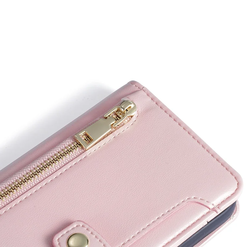 Fall Proof Flip Cover for Nokia C32 Zipper Pocket Stand Wallet Leather Phone Case with 2 Straps - Pink