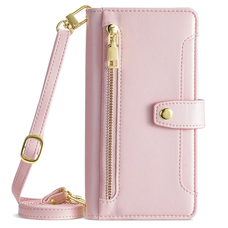 Fall Proof Flip Cover for Nokia C32 Zipper Pocket Stand Wallet Leather Phone Case with 2 Straps - Pink