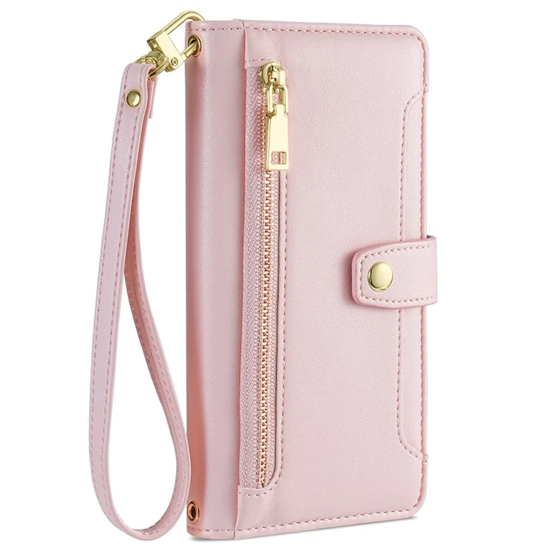 Fall Proof Flip Cover for Nokia C32 Zipper Pocket Stand Wallet Leather Phone Case with 2 Straps - Pink