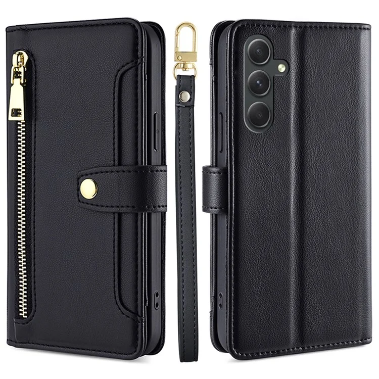 Capa de Suporte para Samsung Galaxy A54 5G com Bolso com Zíper, Carteira de Couro com Capa de Telefone e 2 Alças - Preta