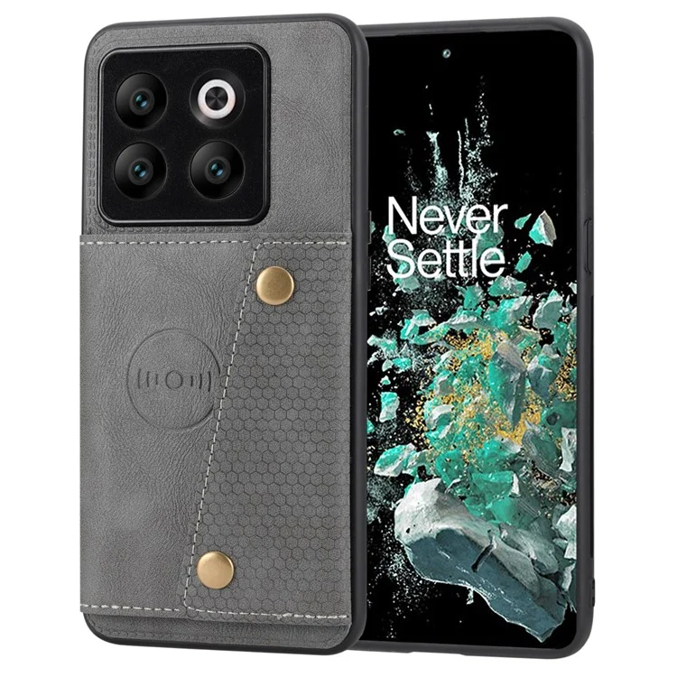 Für OnePlus 10T 5G / Ace Pro 5G Dual Button Card Holder PU Leder beschichtetes TPU Ständer Case mit Auto Halterung Metallblech - Grau