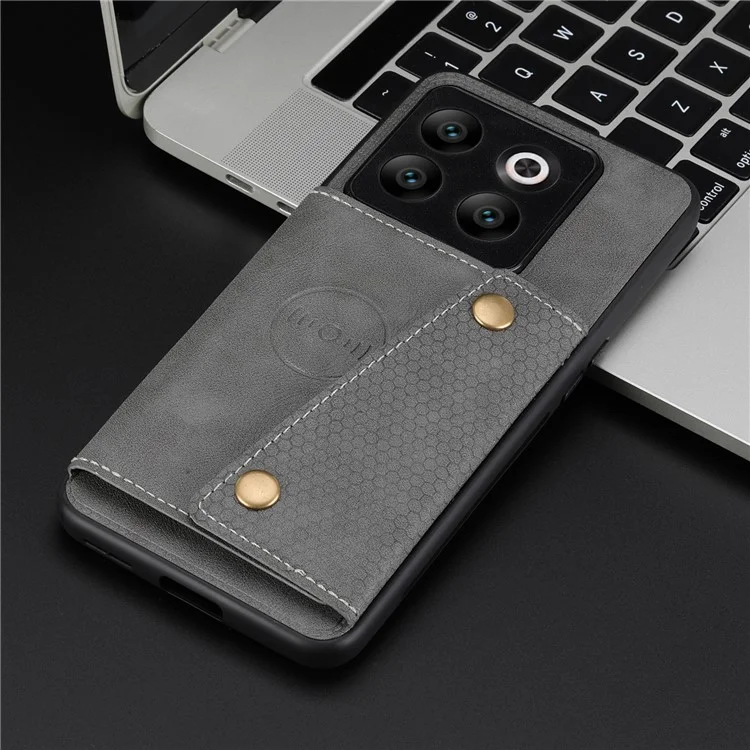 Für OnePlus 10T 5G / Ace Pro 5G Dual Button Card Holder PU Leder beschichtetes TPU Ständer Case mit Auto Halterung Metallblech - Grau