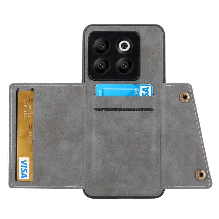Für OnePlus 10T 5G / Ace Pro 5G Dual Button Card Holder PU Leder beschichtetes TPU Ständer Case mit Auto Halterung Metallblech - Grau
