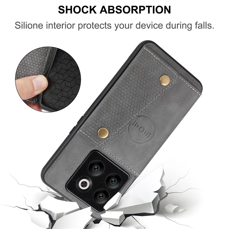 Für OnePlus 10T 5G / Ace Pro 5G Dual Button Card Holder PU Leder beschichtetes TPU Ständer Case mit Auto Halterung Metallblech - Grau
