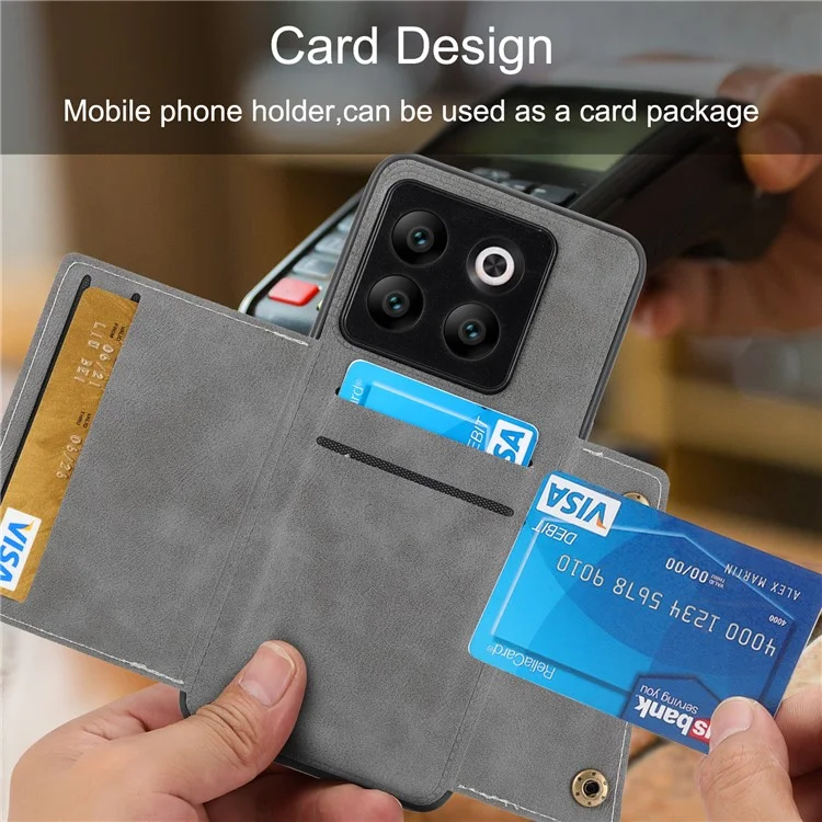 Für OnePlus 10T 5G / Ace Pro 5G Dual Button Card Holder PU Leder beschichtetes TPU Ständer Case mit Auto Halterung Metallblech - Grau