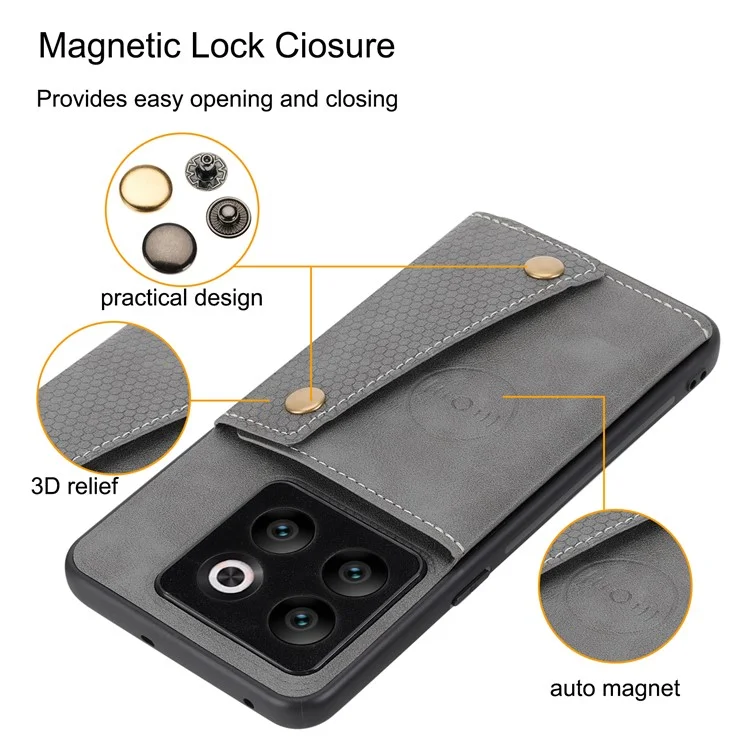 Für OnePlus 10T 5G / Ace Pro 5G Dual Button Card Holder PU Leder beschichtetes TPU Ständer Case mit Auto Halterung Metallblech - Grau