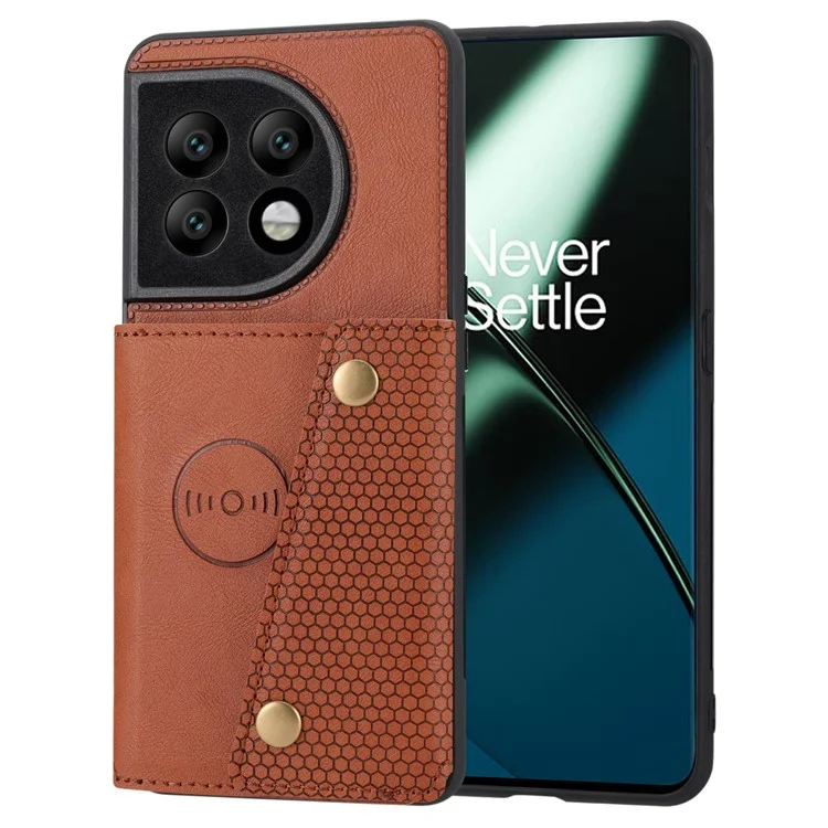 Per OnePlus 11 5G Card Holder Phone Case PU Leather Coated TPU Kickstand Case con Car Mount Metal Sheet - Light Brown