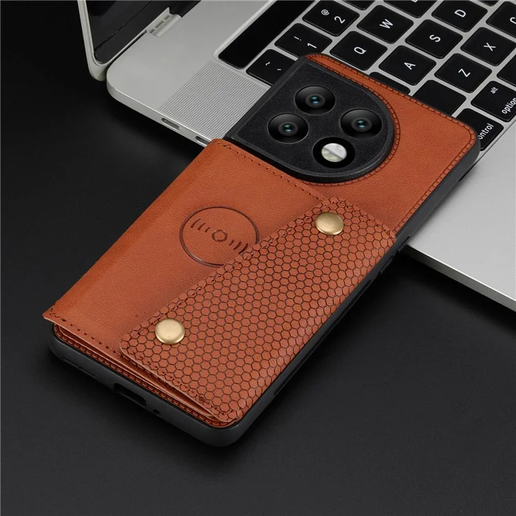 Per OnePlus 11 5G Card Holder Phone Case PU Leather Coated TPU Kickstand Case con Car Mount Metal Sheet - Light Brown