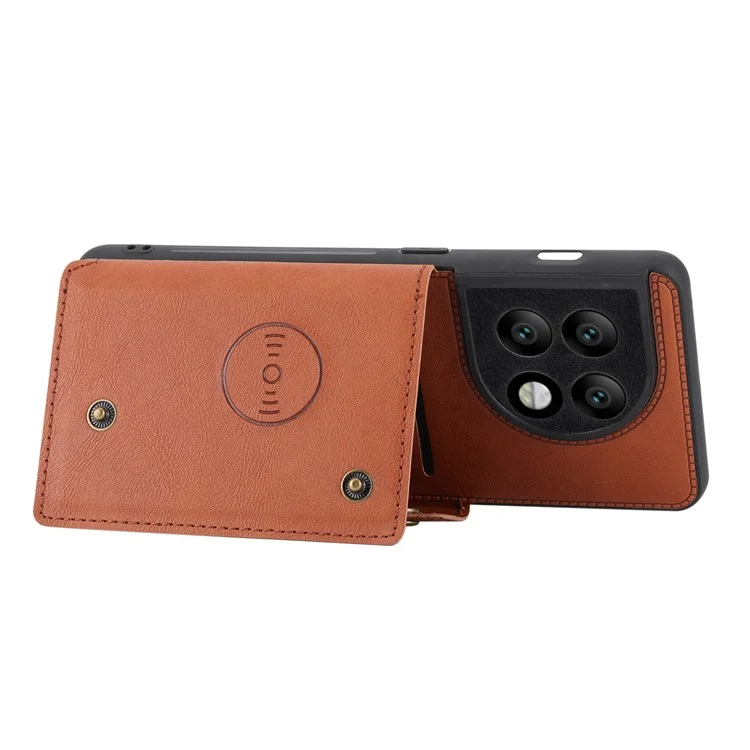 Per OnePlus 11 5G Card Holder Phone Case PU Leather Coated TPU Kickstand Case con Car Mount Metal Sheet - Light Brown