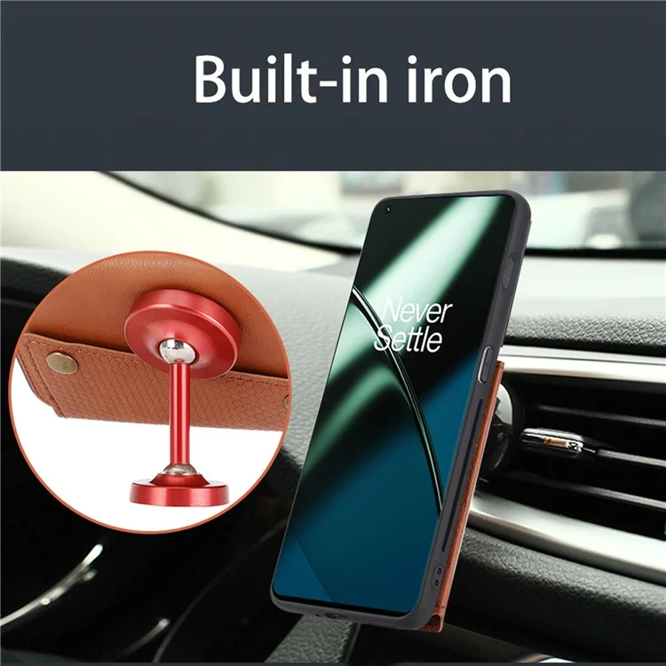 Per OnePlus 11 5G Card Holder Phone Case PU Leather Coated TPU Kickstand Case con Car Mount Metal Sheet - Light Brown