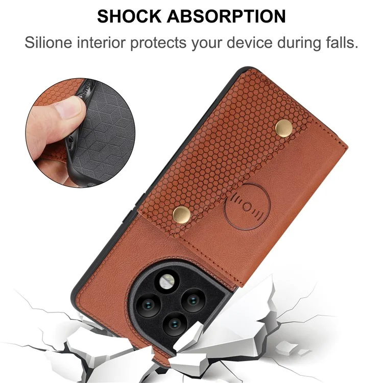 Per OnePlus 11 5G Card Holder Phone Case PU Leather Coated TPU Kickstand Case con Car Mount Metal Sheet - Light Brown