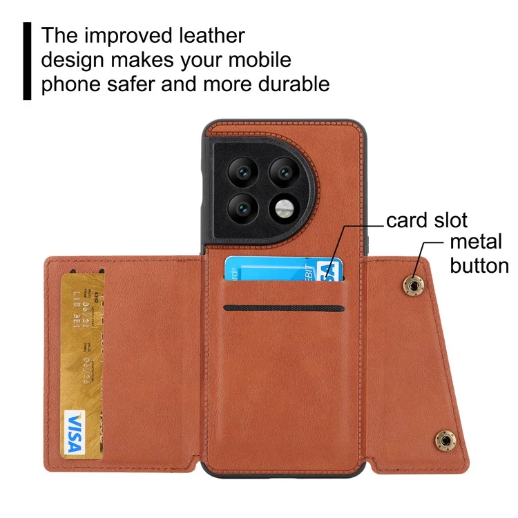 Per OnePlus 11 5G Card Holder Phone Case PU Leather Coated TPU Kickstand Case con Car Mount Metal Sheet - Light Brown