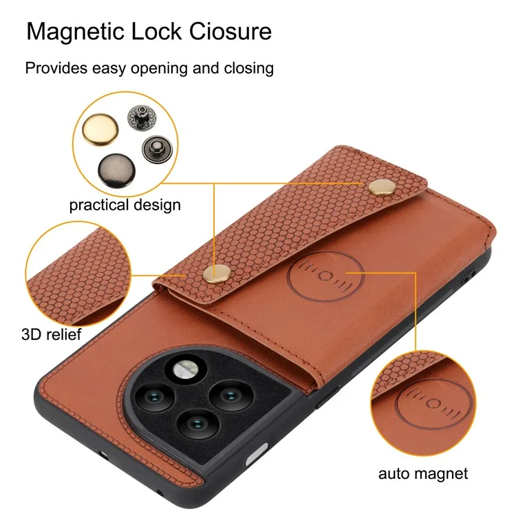 Per OnePlus 11 5G Card Holder Phone Case PU Leather Coated TPU Kickstand Case con Car Mount Metal Sheet - Light Brown