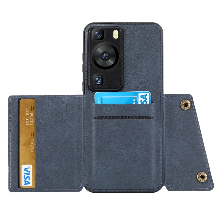 Para Huawei P60 / P60 Pro Kickstand Case Tarjetero Funda de Piel de PU Recubierta de TPU con Soporte para Coche Hoja de Metal - Azul