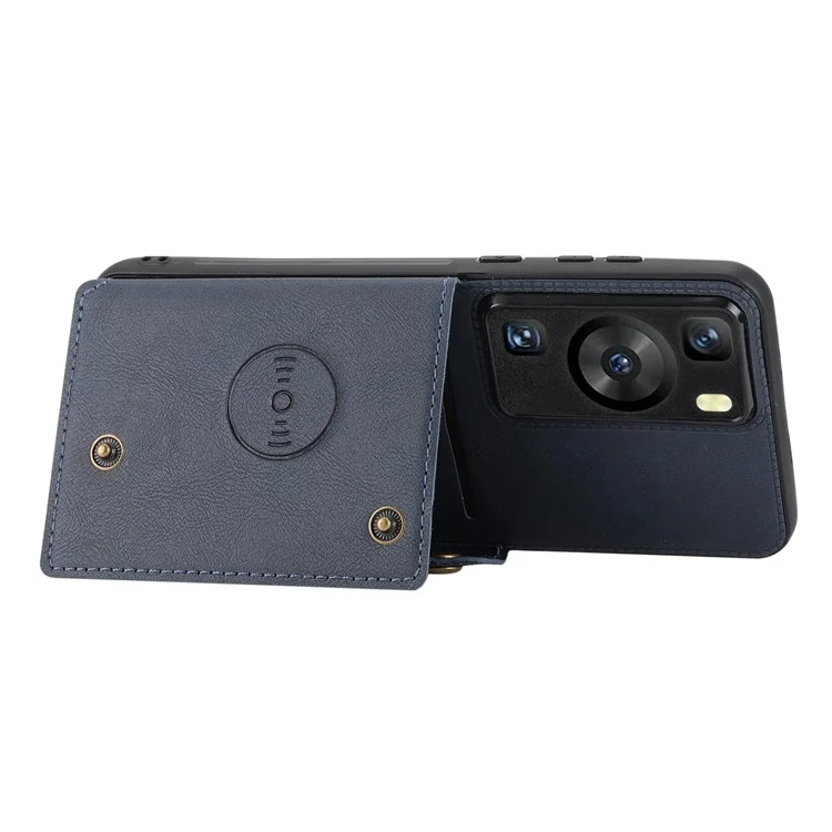 Para Huawei P60 / P60 Pro Kickstand Case Tarjetero Funda de Piel de PU Recubierta de TPU con Soporte para Coche Hoja de Metal - Azul