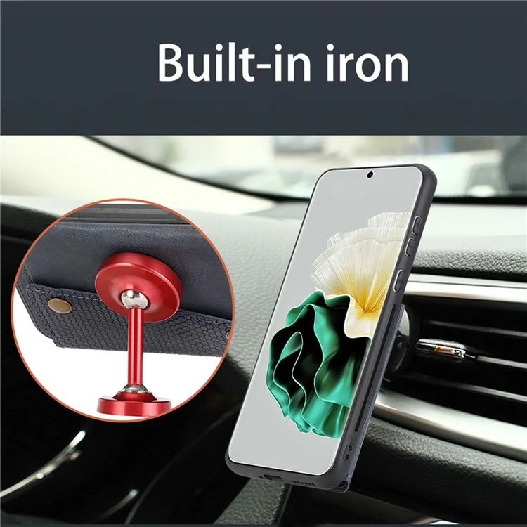 Para Huawei P60 / P60 Pro Kickstand Case Tarjetero Funda de Piel de PU Recubierta de TPU con Soporte para Coche Hoja de Metal - Azul