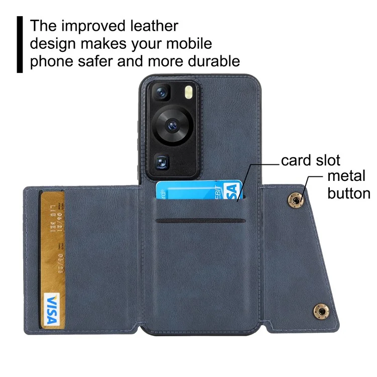 Para Huawei P60 / P60 Pro Kickstand Case Tarjetero Funda de Piel de PU Recubierta de TPU con Soporte para Coche Hoja de Metal - Azul