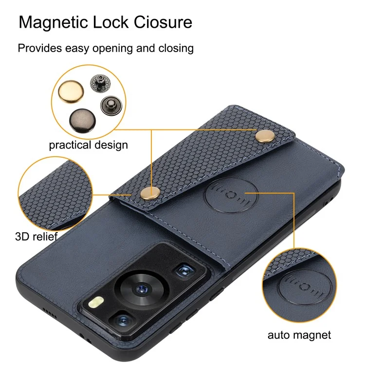 Para Huawei P60 / P60 Pro Kickstand Case Tarjetero Funda de Piel de PU Recubierta de TPU con Soporte para Coche Hoja de Metal - Azul