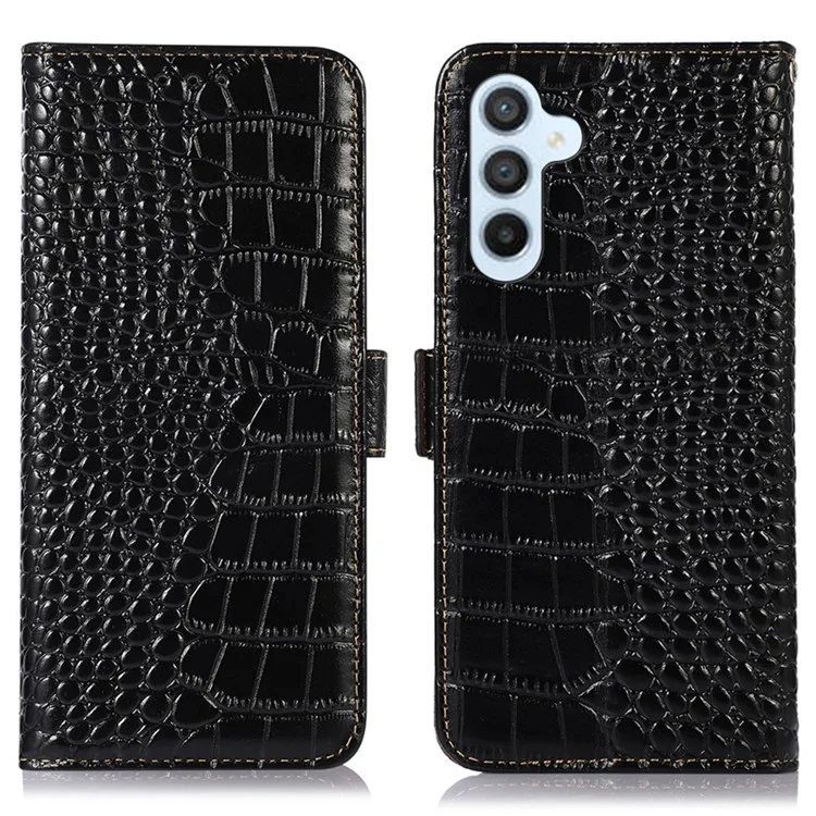 Pour Samsung Galaxy M54 5G / F54 5G RFID Blocking Wallet Case Genuine Cowhide Leather Crocodile Texture Stand Phone Cover - Noir