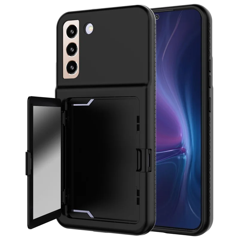 Pour Samsung Galaxy S22 5G Cardcase Série Porte-cartes Support Étui avec Miroir - Noir