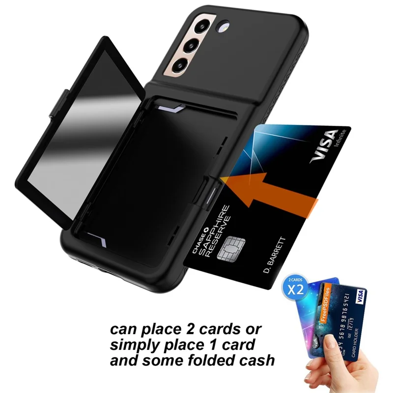 Pour Samsung Galaxy S22 5G Cardcase Série Porte-cartes Support Étui avec Miroir - Noir