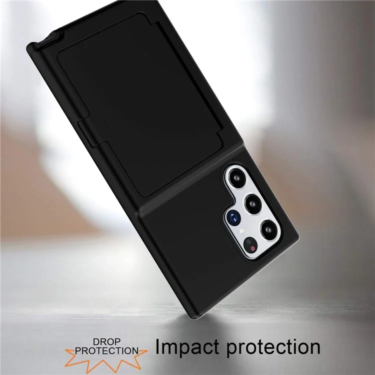 Cardcase Series Phone Case for Samsung Galaxy S22 Ultra 5G Kickstand PC + TPU Cover with Mirror, Card Holder - Black
