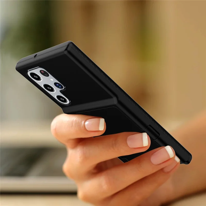 Cardcase Series Phone Case for Samsung Galaxy S22 Ultra 5G Kickstand PC + TPU Cover with Mirror, Card Holder - Black