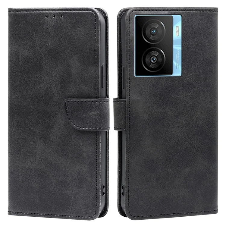 Portefeuille Folio Cover pour vivo iQOO Z7x 5G Texture Veau PU Cuir Chute Preuve Flip Stand Étui Téléphone - Noir