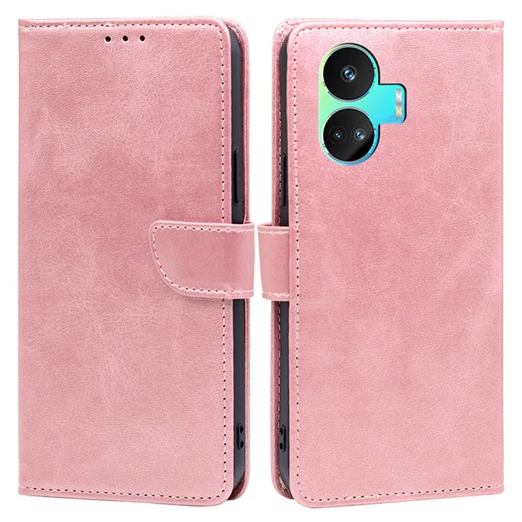 Capa Carteira Folio para Realme GT Neo5 SE 5G Textura de Bezerro Couro PU Dobrável Suporte Flip Phone Case - Rose Gold