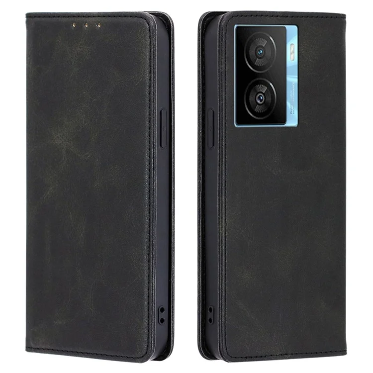 Pour vivo iQOO Z7x 5G Calf Texture Case Magnetic Closing Stand Phone PU Leather Wallet Shell - Noir