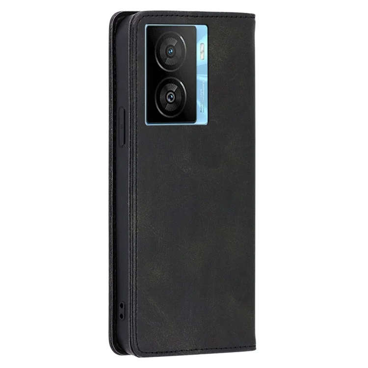 Pour vivo iQOO Z7x 5G Calf Texture Case Magnetic Closing Stand Phone PU Leather Wallet Shell - Noir