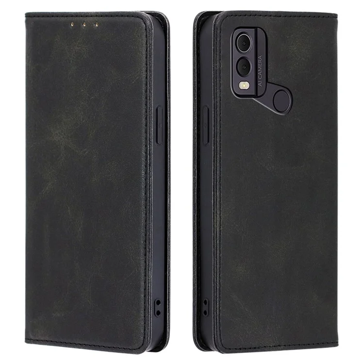 Para Nokia C22 Funda con Textura de Piel de Ternera Resistente a Caídas con Cierre Magnético y Soporte de Cuero PU - Negro