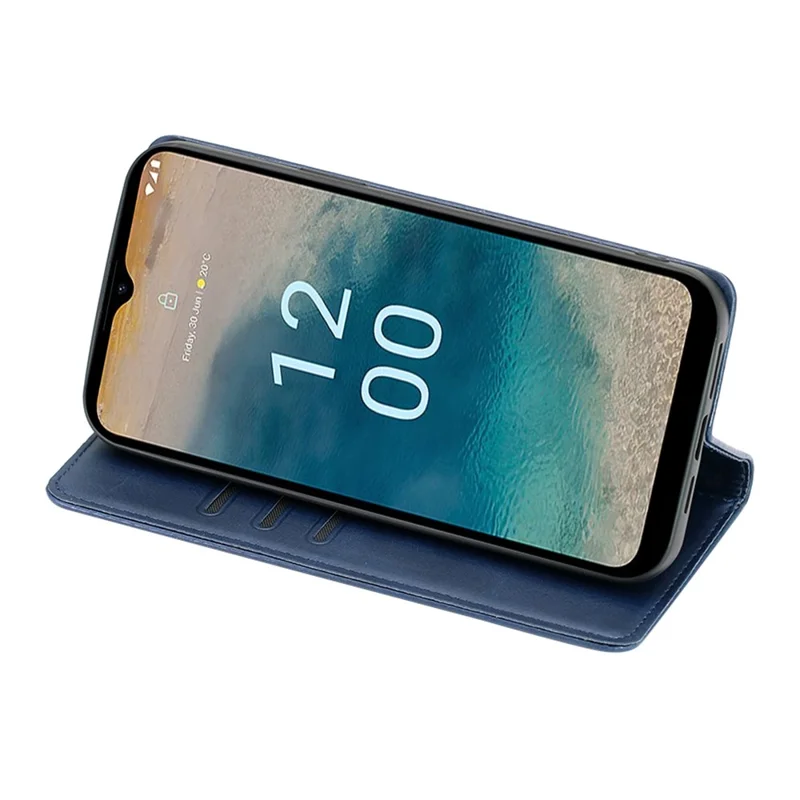 For Nokia C22 Drop Resistant Calf Texture Case Magnetic Closing Stand PU Leather Wallet Phone Shell - Sapphire