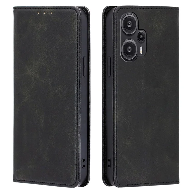 Para Xiaomi Redmi Note 12 Turbo / Poco F5 5G Calf Texture Case Stand PU Leather Wallet Phone Shell - Preto
