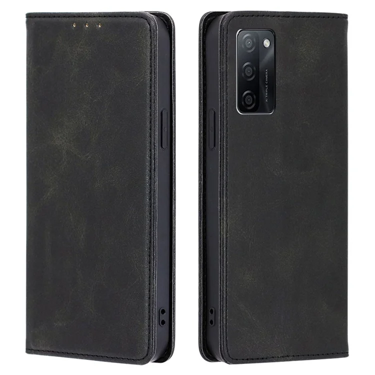 Pour Oppo A55s 5G Calf Texture Protector Case Magnetic Closing Stand PU Leather Wallet Phone Shell - Noir