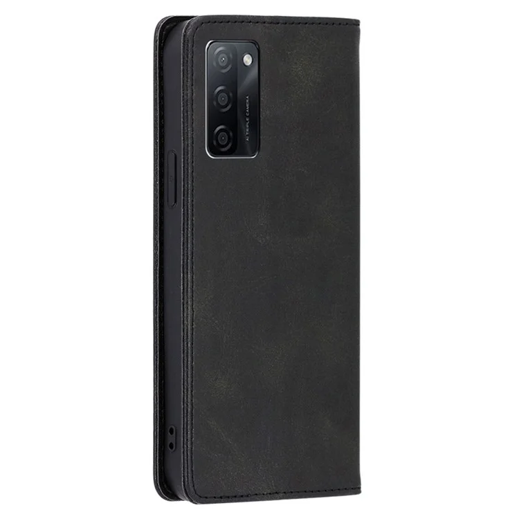 Pour Oppo A55s 5G Calf Texture Protector Case Magnetic Closing Stand PU Leather Wallet Phone Shell - Noir