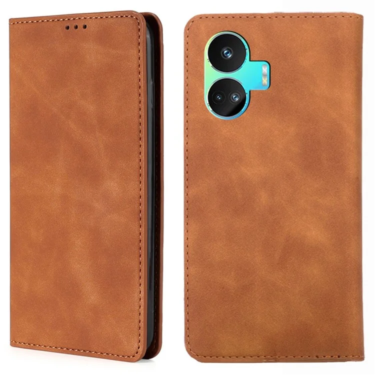 Pour Realme GT Neo5 SE 5G Anti-scratch PU Leather Flip Phone Case Card Holder Skin-touch Stand Cover - Light Brown