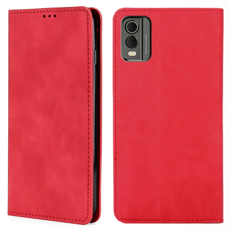Phone Stand Case for Nokia C32 Skin-touch PU Leather Card Holder Shockproof Flip Cover - Red