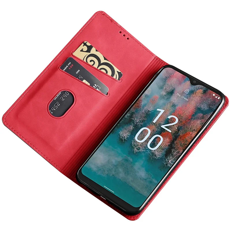 Phone Stand Case for Nokia C32 Skin-touch PU Leather Card Holder Shockproof Flip Cover - Red
