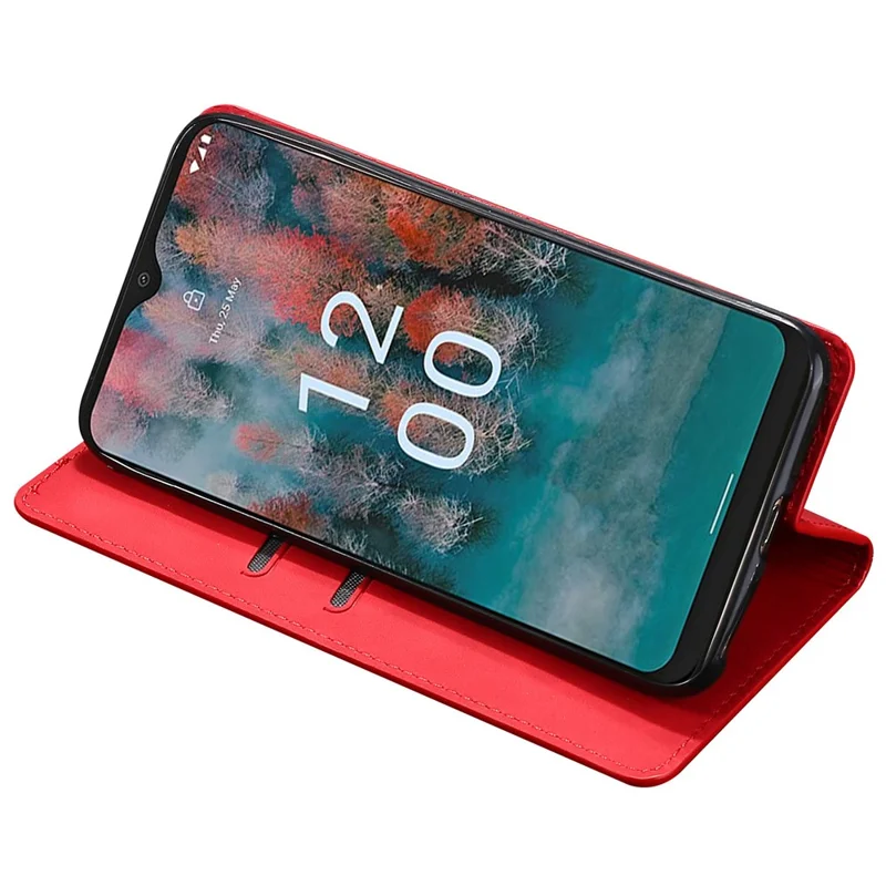 Phone Stand Case for Nokia C32 Skin-touch PU Leather Card Holder Shockproof Flip Cover - Red