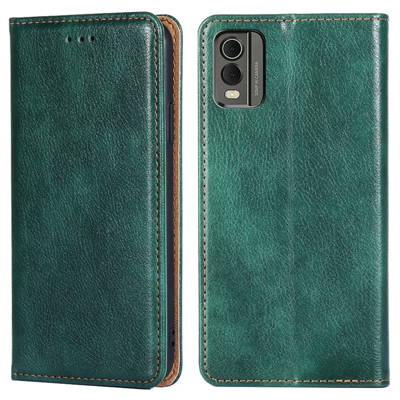 For Nokia C32 Solid Color Scratch Resistant Leather Wallet Phone Case Magnetic Closing Stand Cover - Green