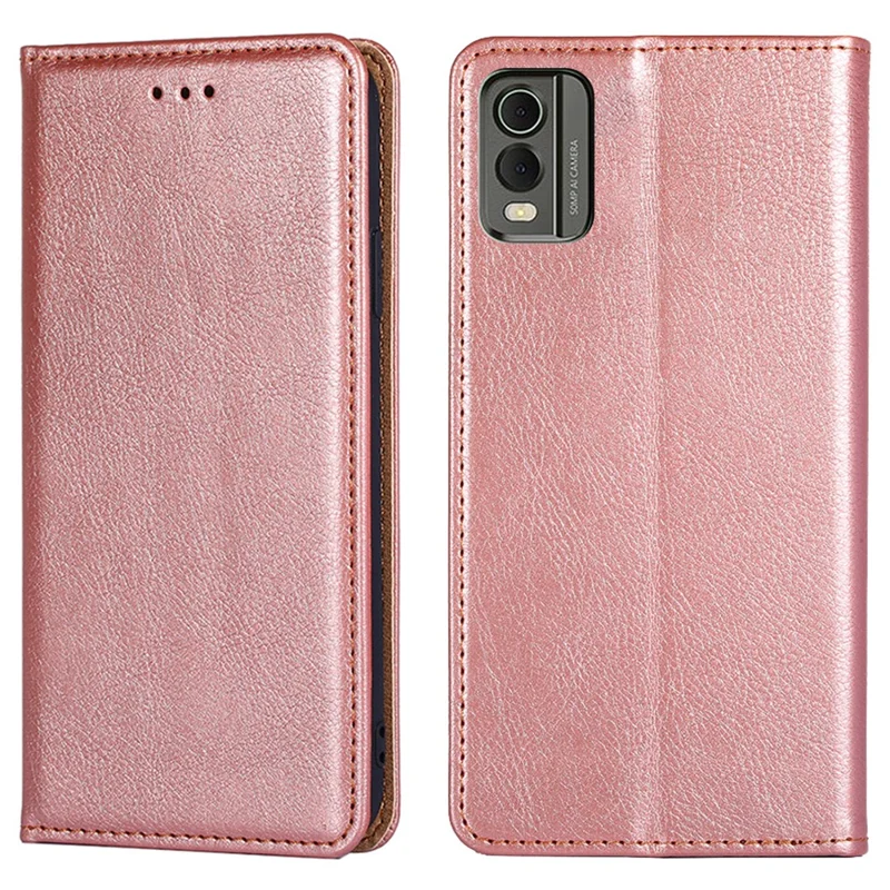 For Nokia C32 Solid Color Scratch Resistant Leather Wallet Phone Case Magnetic Closing Stand Cover - Rose Gold